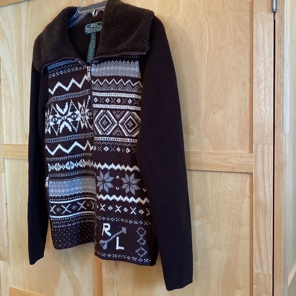 Ralph Lauren Active Women's Brown & Cream Fair Isle Zip Up Cardigan Sweater SZ-S - Picture 2 of 9